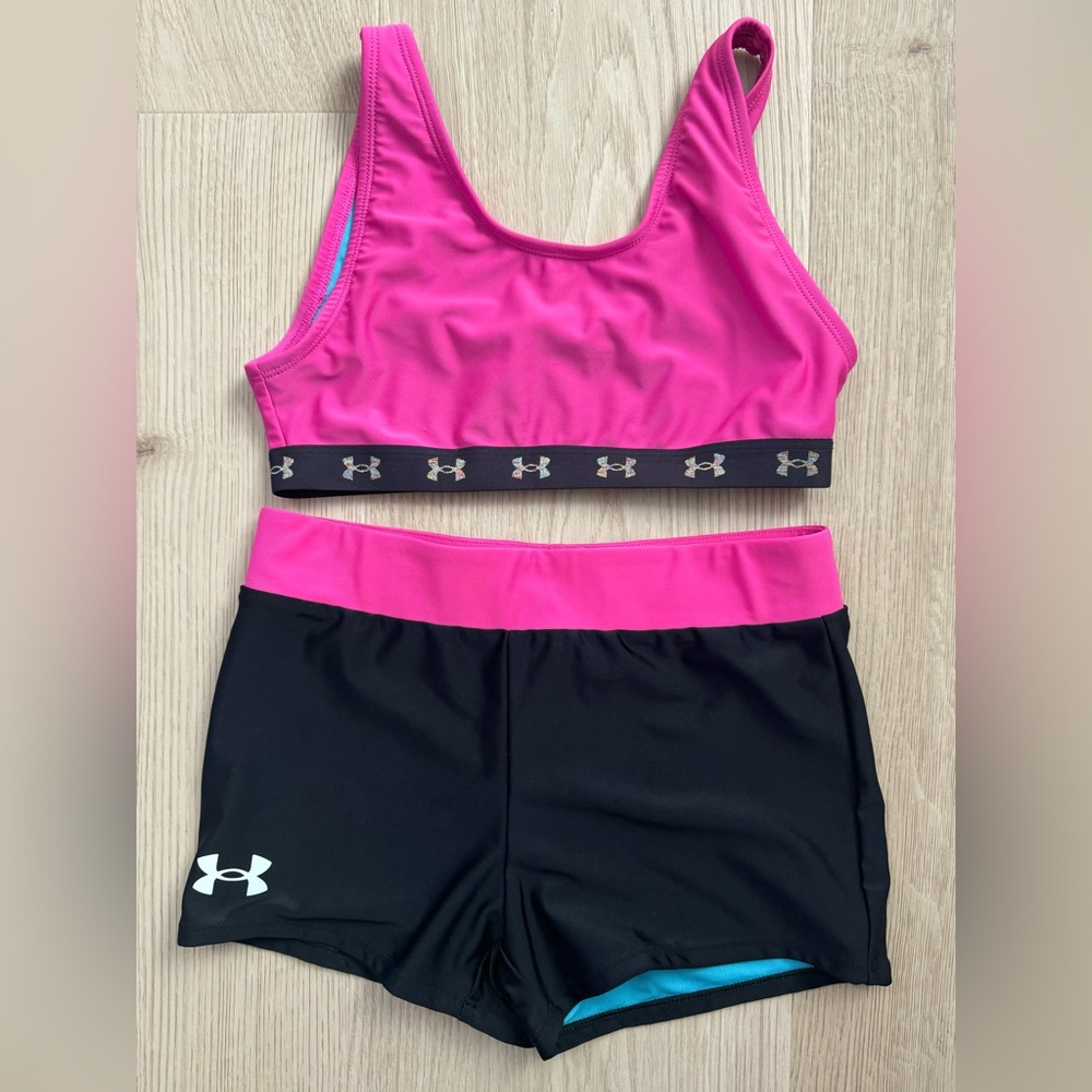 Girls Under Armour Pink Sports Bra and Black Shorts Set